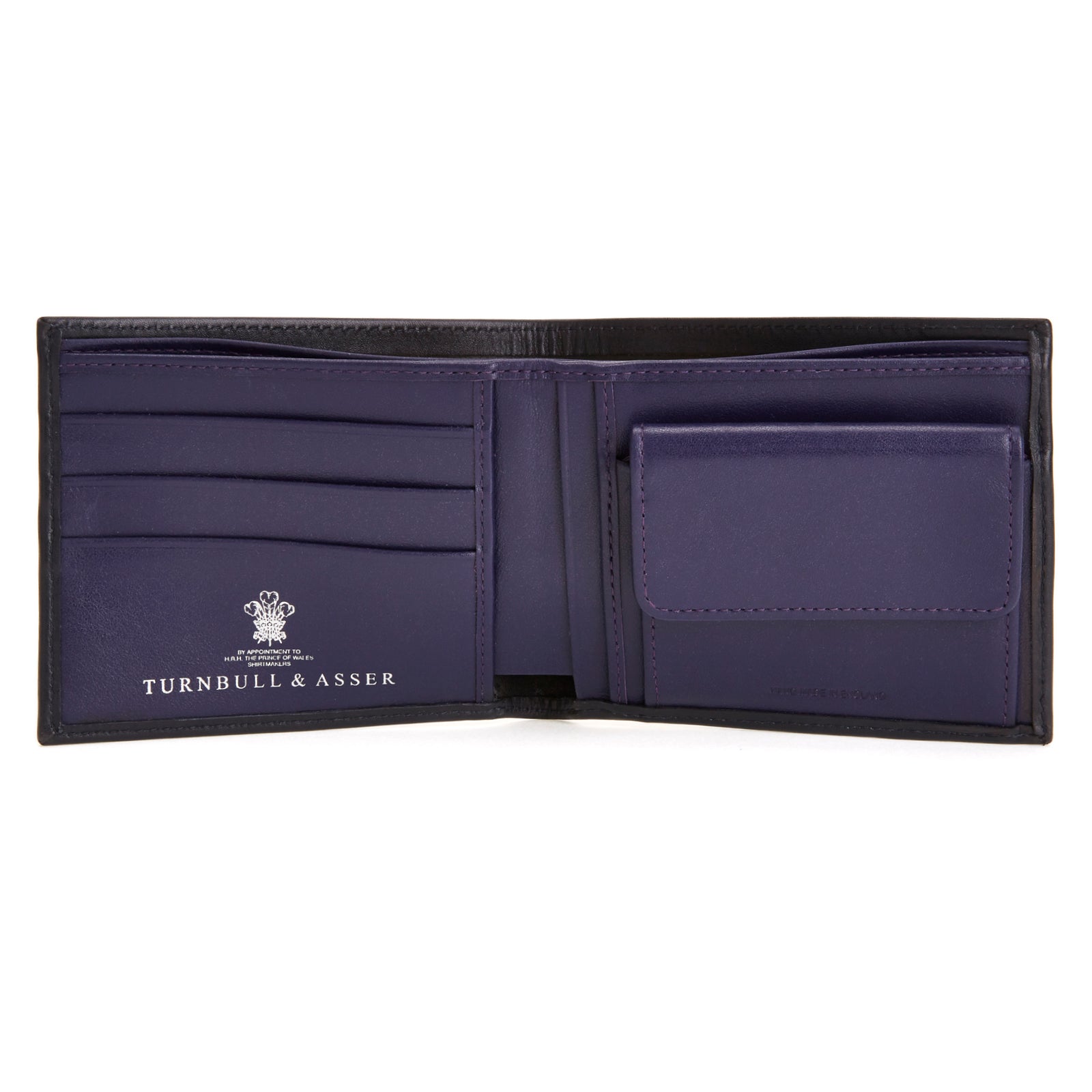 View 2 of product The Turnbull & Asser Bill Coin Wallet is a black leather bifold with a visible purple interior, card slots, and a coin pocket.
