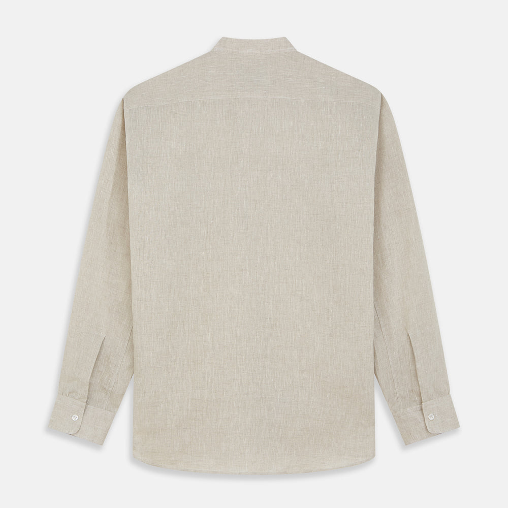 The Turnbull & Asser Light Oatmeal Linen Weekend Fit Unwin Shirt features long sleeves, a band collar, and two chest pockets—an ideal choice for effortless summer style.