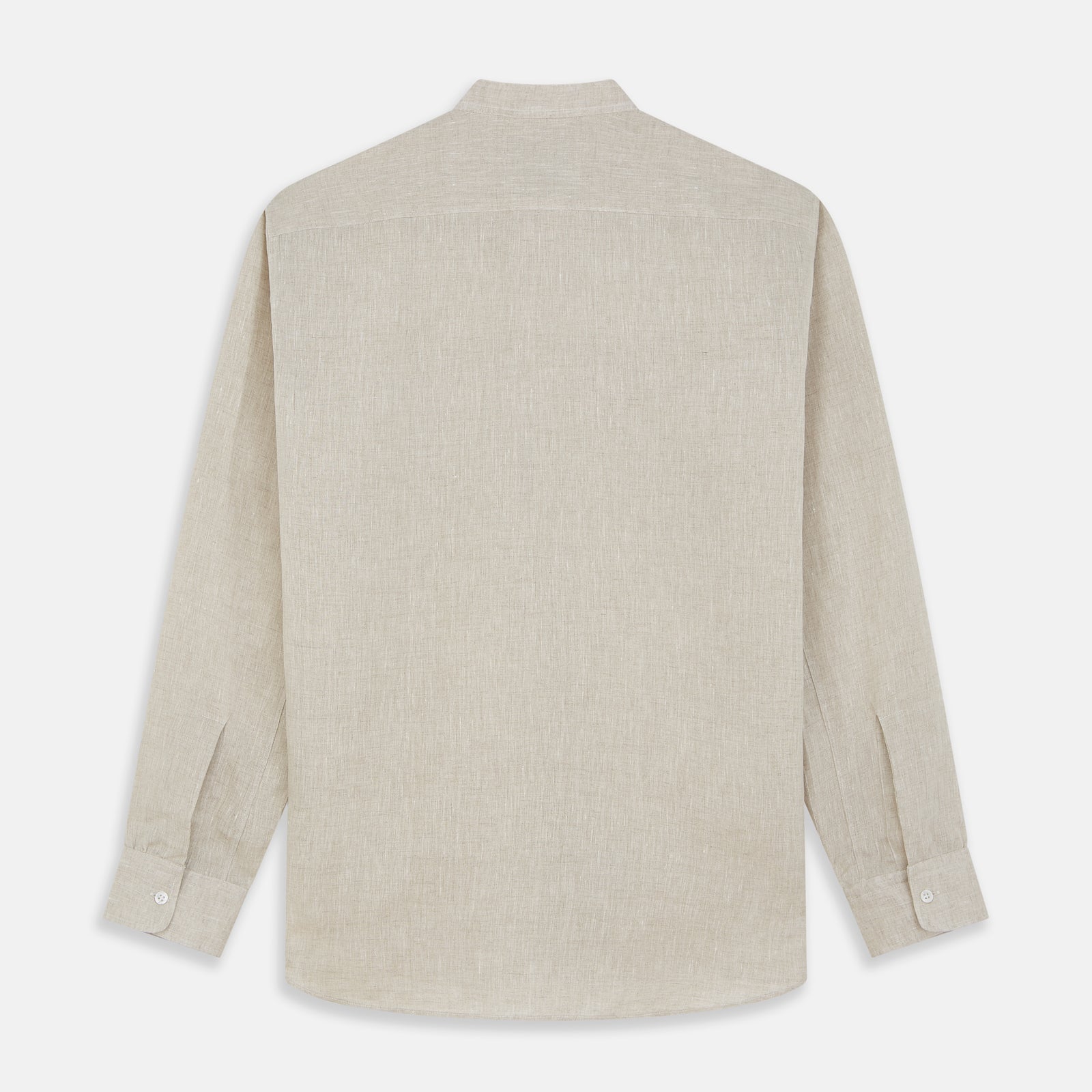 View 5 of product The Turnbull & Asser Light Oatmeal Linen Weekend Fit Unwin Shirt features long sleeves, a band collar, and two chest pockets—an ideal choice for effortless summer style.
