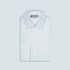 View 1 of product A neatly folded Turnbull & Asser Two-Fold 200 White Cotton Shirt with a Regent collar and 3-button cuffs, crafted from breathable fabric, is displayed on a light grey background with the label visible inside the collar.