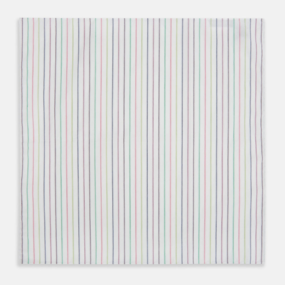 The Green Multi Double Pinstripe Hand-Rolled Handkerchief by Turnbull & Asser features a white fabric with thin pink, yellow, blue, and green pinstripes and hand-rolled edges, displayed against a plain background.