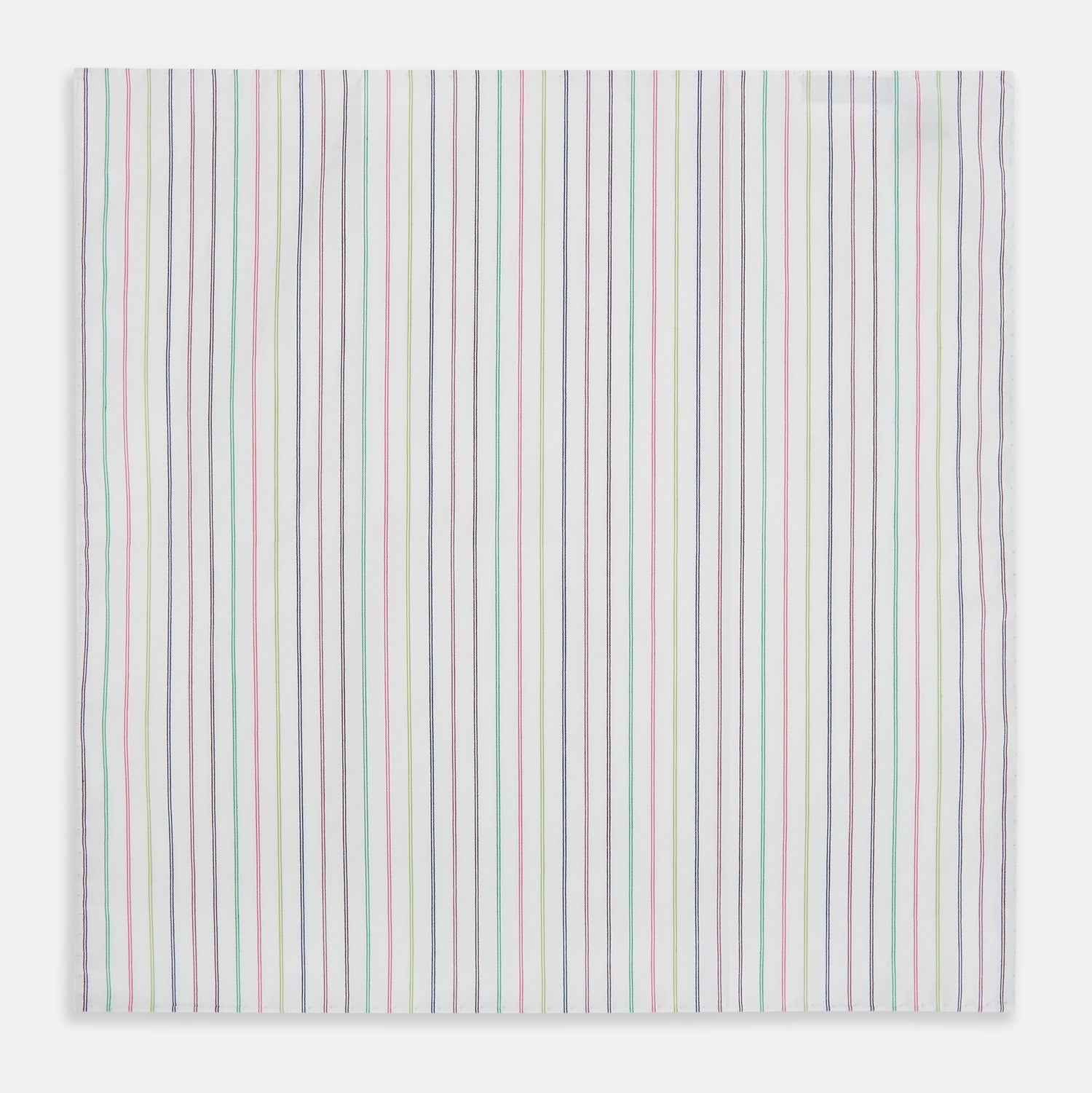 View 2 of product The Green Multi Double Pinstripe Hand-Rolled Handkerchief by Turnbull & Asser features a white fabric with thin pink, yellow, blue, and green pinstripes and hand-rolled edges, displayed against a plain background.