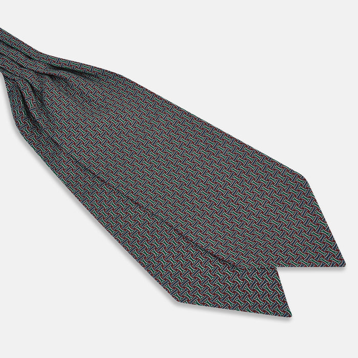 Forest Green and Red Weave Patterned Silk Cravat Image 2