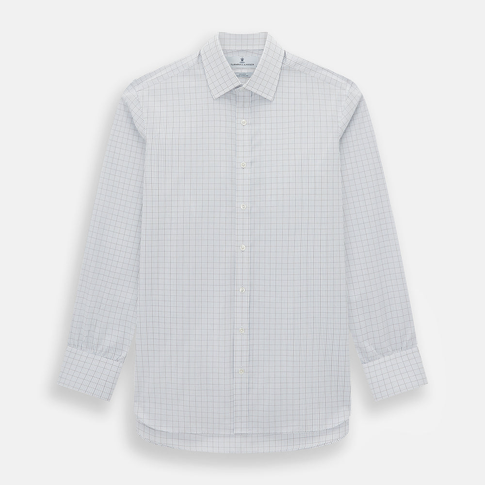 The Turnbull & Asser Navy and Blue Multi Grid Check Mayfair Shirt is a long-sleeve, button-up Italian cotton shirt with a collar and cuffs, featuring a blue grid check pattern, shown against a plain white background.