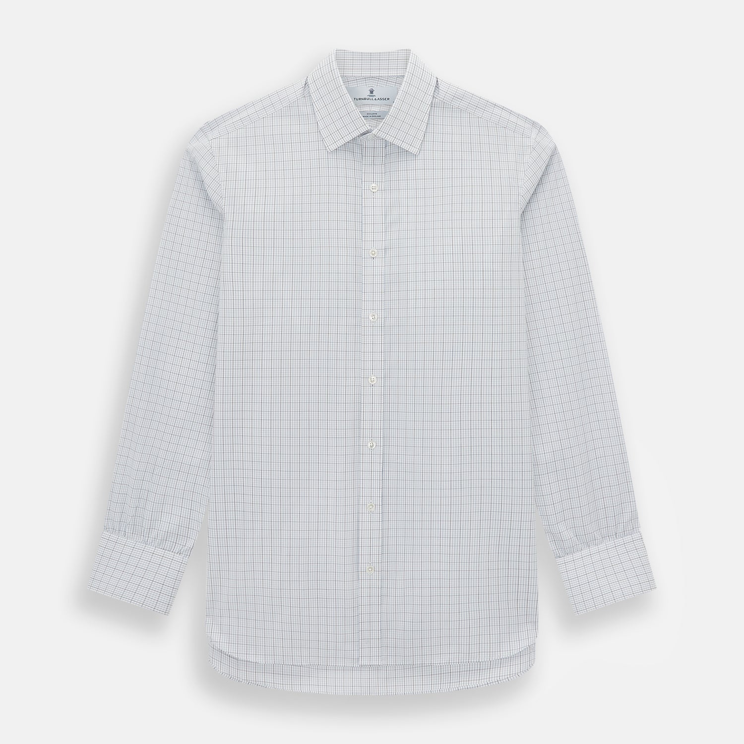 View 1 of product The Turnbull & Asser Navy and Blue Multi Grid Check Mayfair Shirt is a long-sleeve, button-up Italian cotton shirt with a collar and cuffs, featuring a blue grid check pattern, shown against a plain white background.
