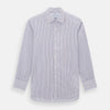 View 1 of product The Turnbull & Asser Purple Ticking Stripe Mayfair Shirt is a long-sleeve button-up with a T&A collar and slim blue-and-white vertical stripes, shown on a white background.