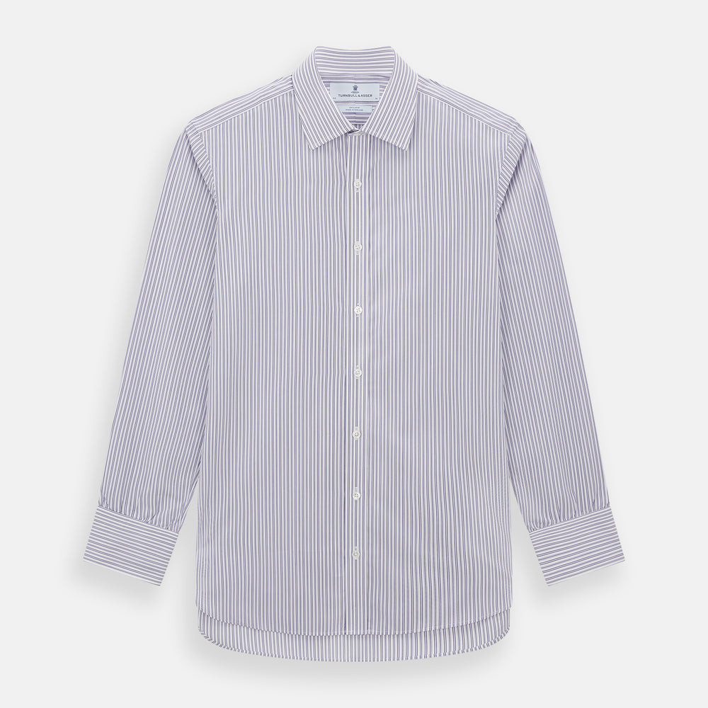 The Turnbull & Asser Purple Ticking Stripe Mayfair Shirt is a long-sleeve button-up with a T&A collar and slim blue-and-white vertical stripes, shown on a white background.