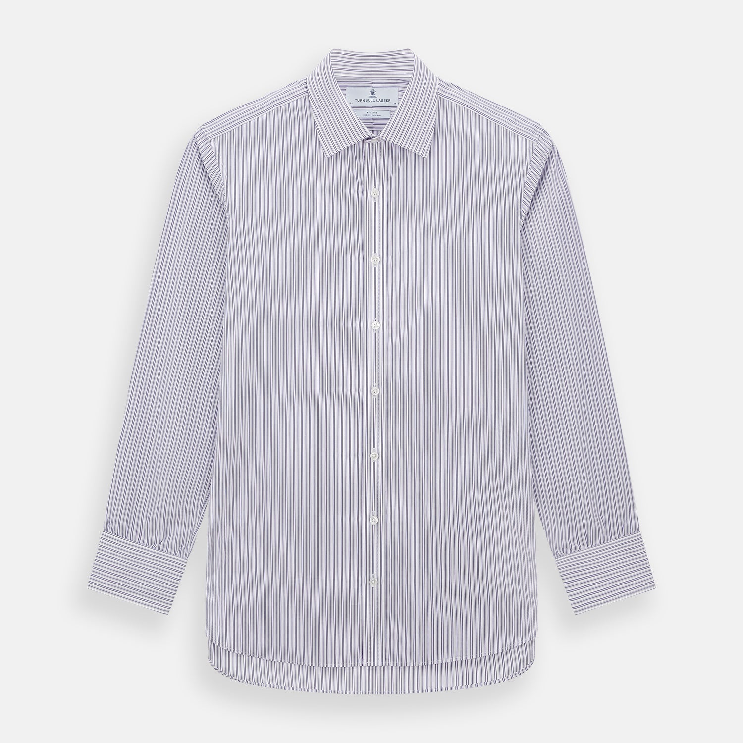 View 1 of product The Turnbull & Asser Purple Ticking Stripe Mayfair Shirt is a long-sleeve button-up with a T&A collar and slim blue-and-white vertical stripes, shown on a white background.