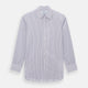 The Turnbull & Asser Purple Ticking Stripe Mayfair Shirt is a long-sleeve button-up with a T&A collar and slim blue-and-white vertical stripes, shown on a white background.