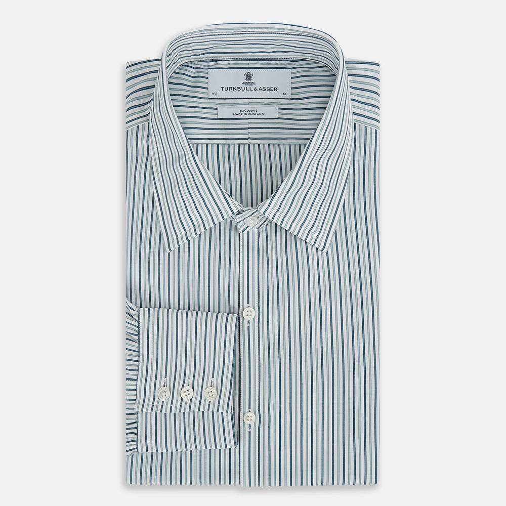 The GREEN DOUBLE STRIPE WESTMINSTER SHIRT by Turnbull & Asser features green and white vertical stripes, a pointed collar, buttoned cuffs, and a relaxed fit that highlights refined British craftsmanship.
