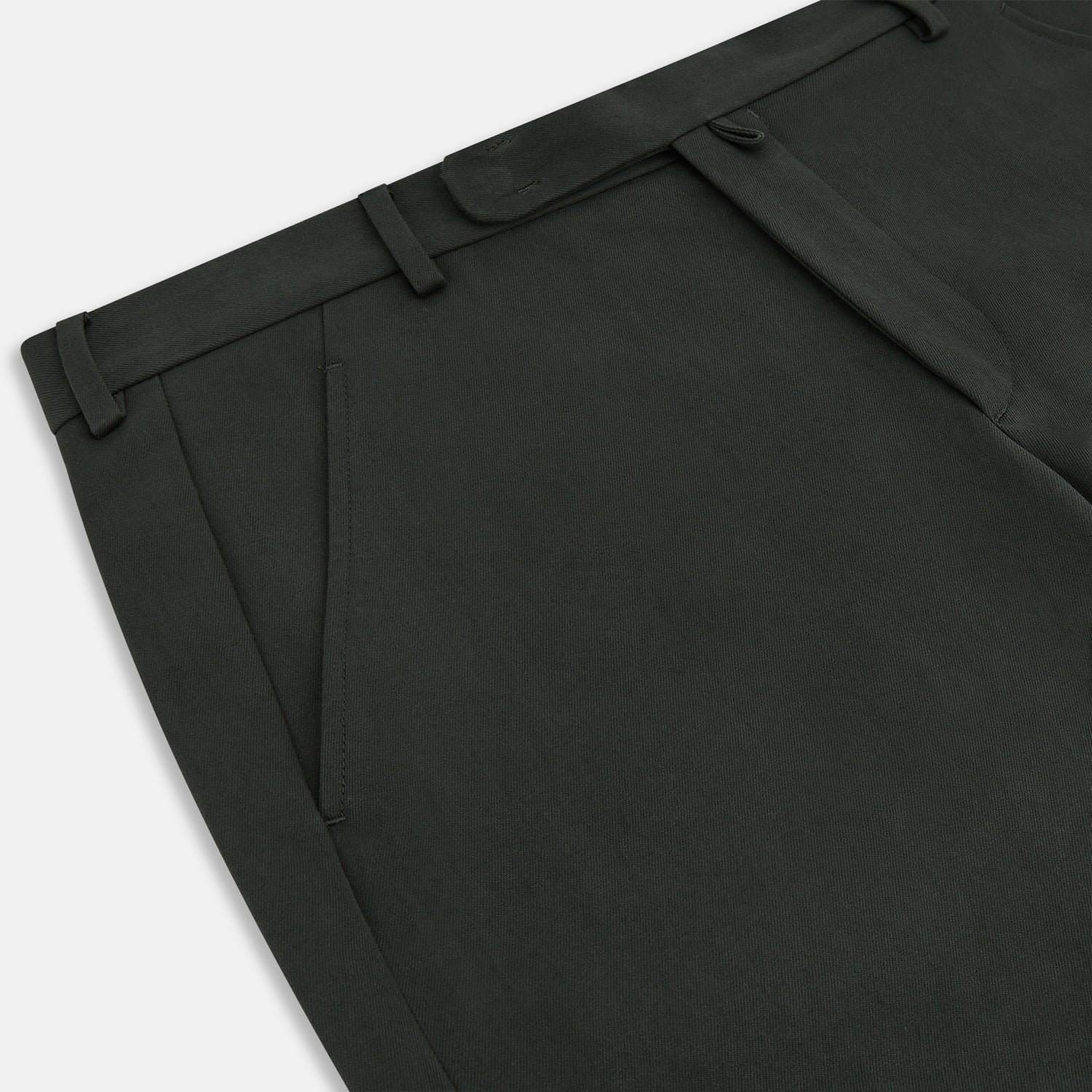 View 2 of product The Forest Green Henry B Trousers by Turnbull & Asser feature a minimalist straight-leg design in a wool/cashmere blend with belt loops and button closure, shown against a plain white background.