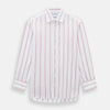View 1 of product The Turnbull & Asser Coral Track Stripe Mayfair Shirt features a white Italian cotton fabric with vertical red stripes and a pointed T&A collar, shown against a plain light background.
