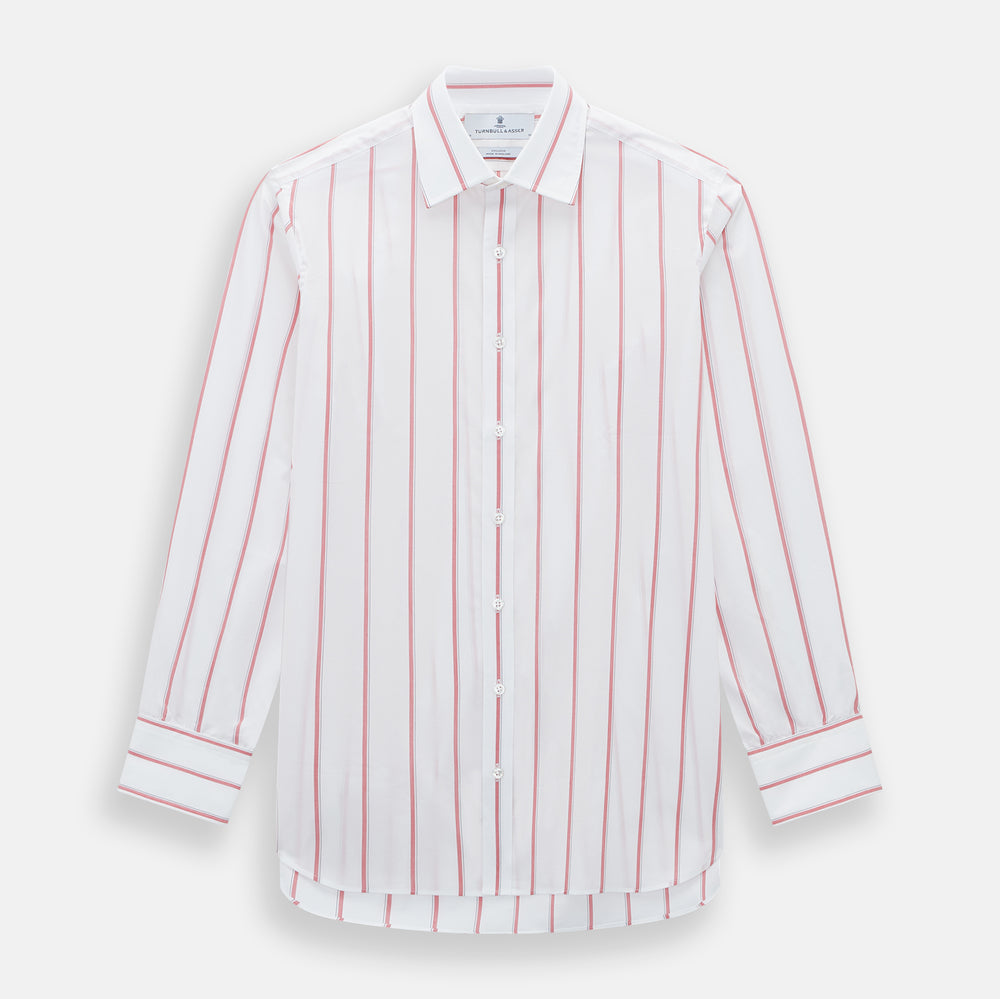 The Turnbull & Asser Coral Track Stripe Mayfair Shirt features a white Italian cotton fabric with vertical red stripes and a pointed T&A collar, shown against a plain light background.