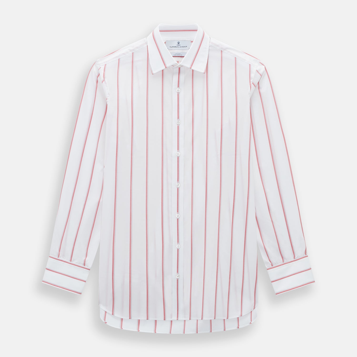 View 1 of product The Turnbull & Asser Coral Track Stripe Mayfair Shirt features a white Italian cotton fabric with vertical red stripes and a pointed T&A collar, shown against a plain light background.