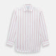The Turnbull & Asser Coral Track Stripe Mayfair Shirt features a white Italian cotton fabric with vertical red stripes and a pointed T&A collar, shown against a plain light background.