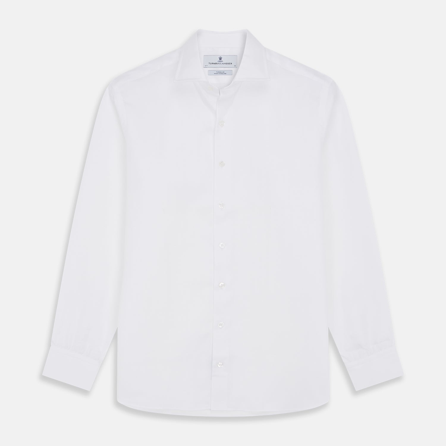 View 1 of product The Turnbull & Asser White Herringbone Tailored Fit Shirt with a Kent collar is displayed on a white background.