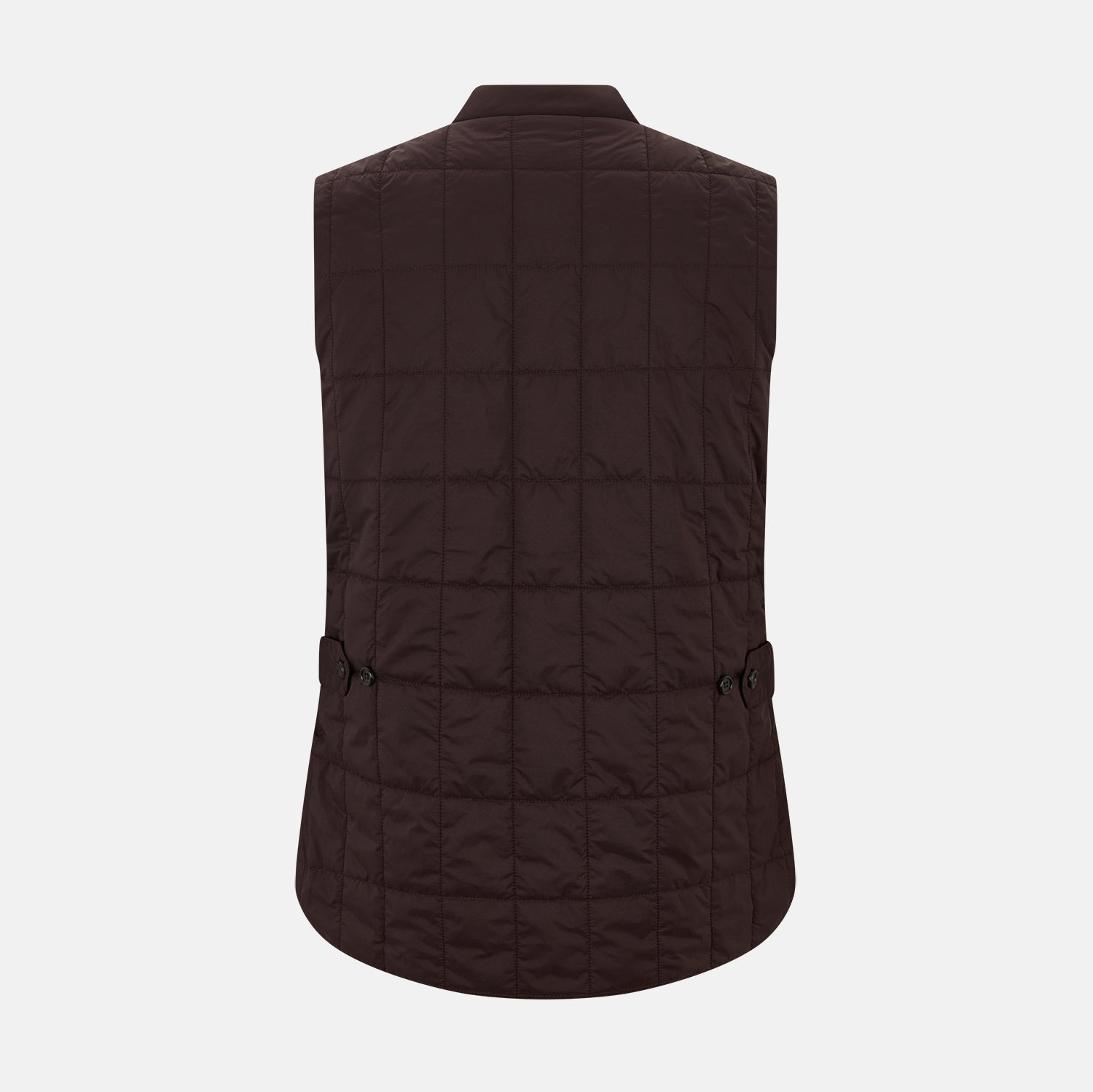 View 3 of product The Turnbull & Asser Burgundy Quilted Gilet is a sleeveless, lightweight layer featuring a front zipper, slanted chest pocket, adjustable side tabs, and two zippered side pockets, shown on a plain white background.