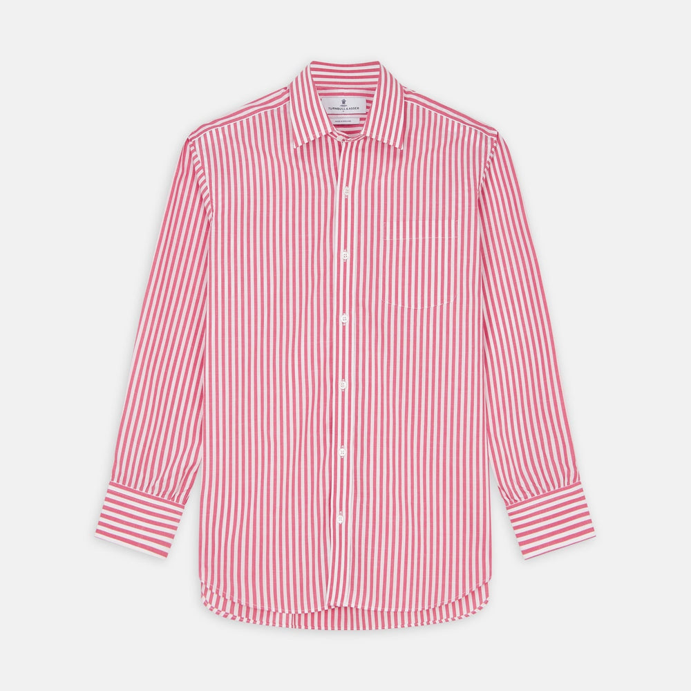 Close-up of Turnbull & Asser's Pink Candy Stripe Cotton Fabric, featuring diagonal red and white stripes, displayed within a circular frame on a plain background.