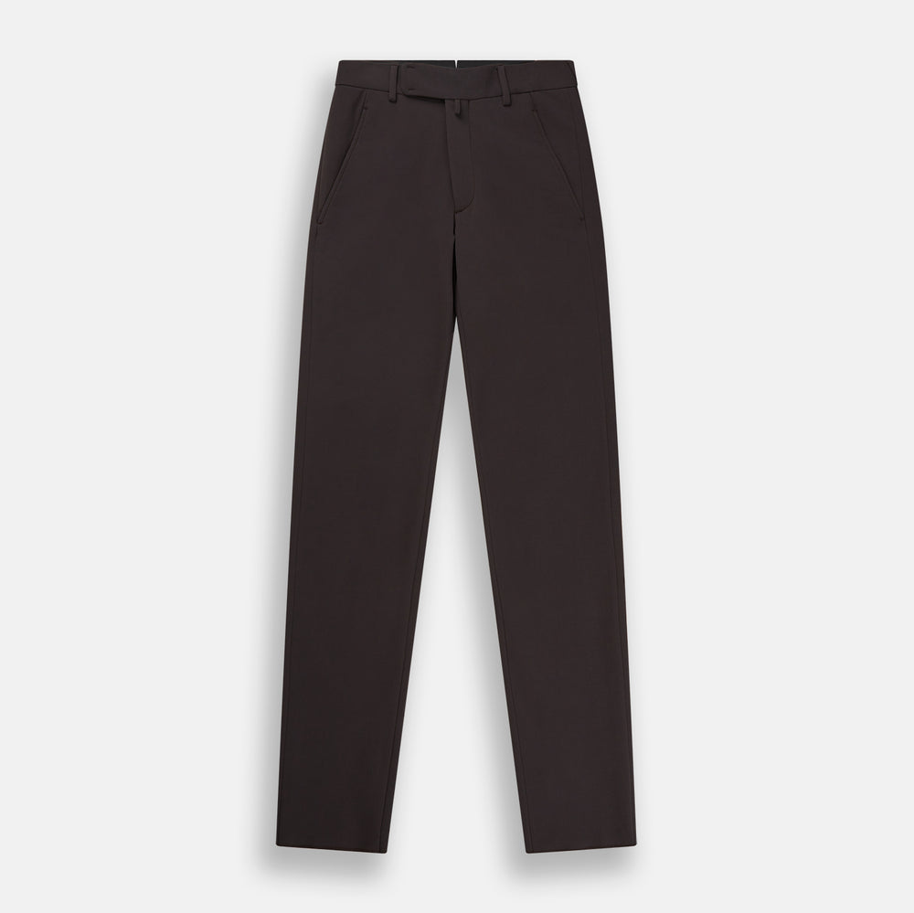 The Turnbull & Asser Brown James Trouser in a straight fit features Italian cotton, belt loops, side pockets, and a front zipper with button closure, displayed on a plain white background.