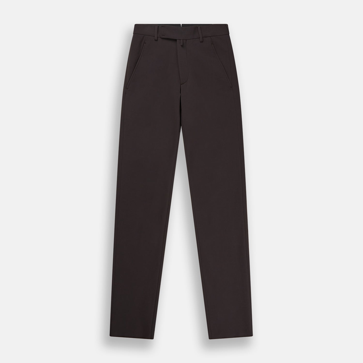 View 1 of product The Turnbull & Asser Brown James Trouser in a straight fit features Italian cotton, belt loops, side pockets, and a front zipper with button closure, displayed on a plain white background.