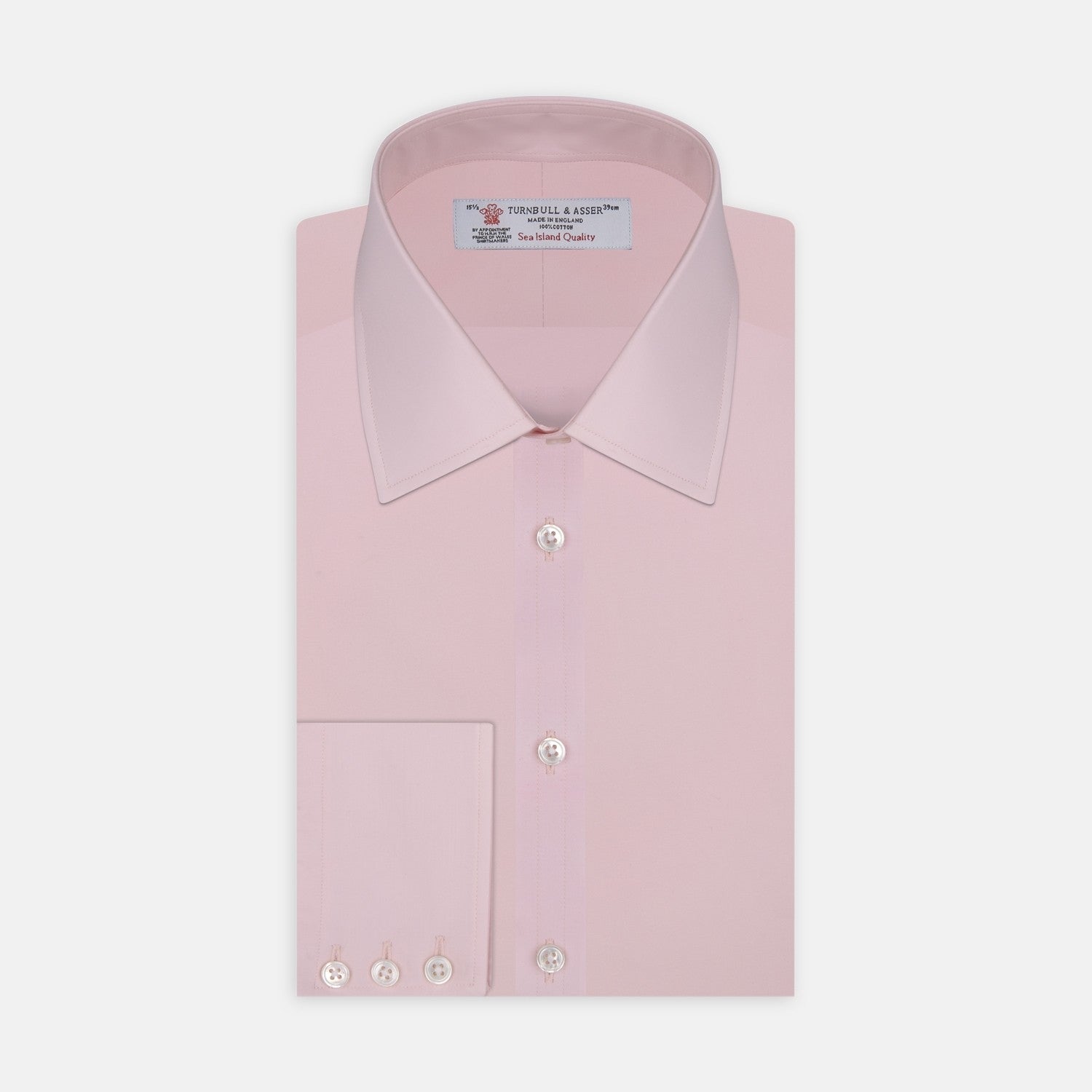 View 2 of product A circular swatch of Turnbull & Asser Pink Sea Island Quality Cotton Fabric, in pale pink bordered by white and gray rings, is shown on a light gray background.