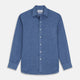 The Blue Weekend Fit Linen Finch Shirt by Turnbull & Asser features a Derby collar, chest pocket, and white buttons. Made from mid-blue linen chambray, it offers effortless casual style when laid flat on a plain white background.