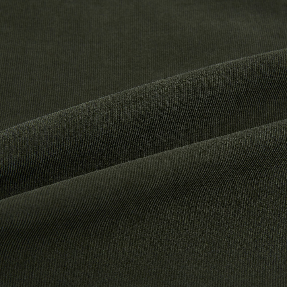 The Turnbull & Asser Olive Corduroy Hampstead Overshirt for men features a collar, long sleeves, left chest pocket, and two zippered side pockets, shown laid flat on a white background.