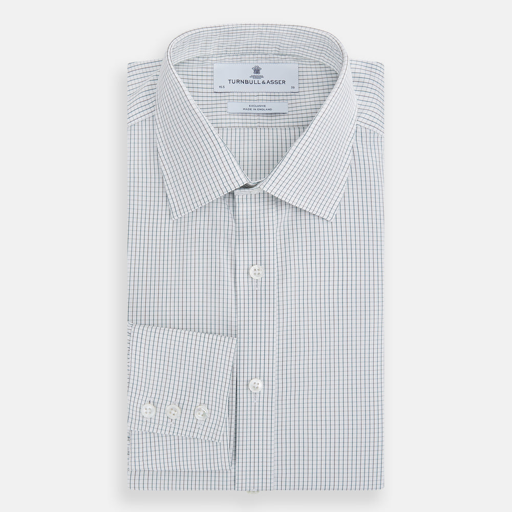 A Forest Melange and Red Graph Check Mayfair Shirt by Turnbull & Asser, featuring a classic T&A collar, button-down front, and buttoned cuffs, crafted from fine Italian cotton and shown on a plain white background.
