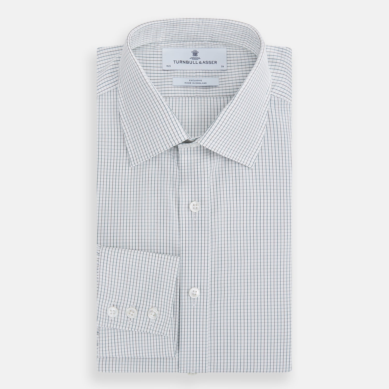 View 5 of product A Forest Melange and Red Graph Check Mayfair Shirt by Turnbull & Asser, featuring a classic T&A collar, button-down front, and buttoned cuffs, crafted from fine Italian cotton and shown on a plain white background.