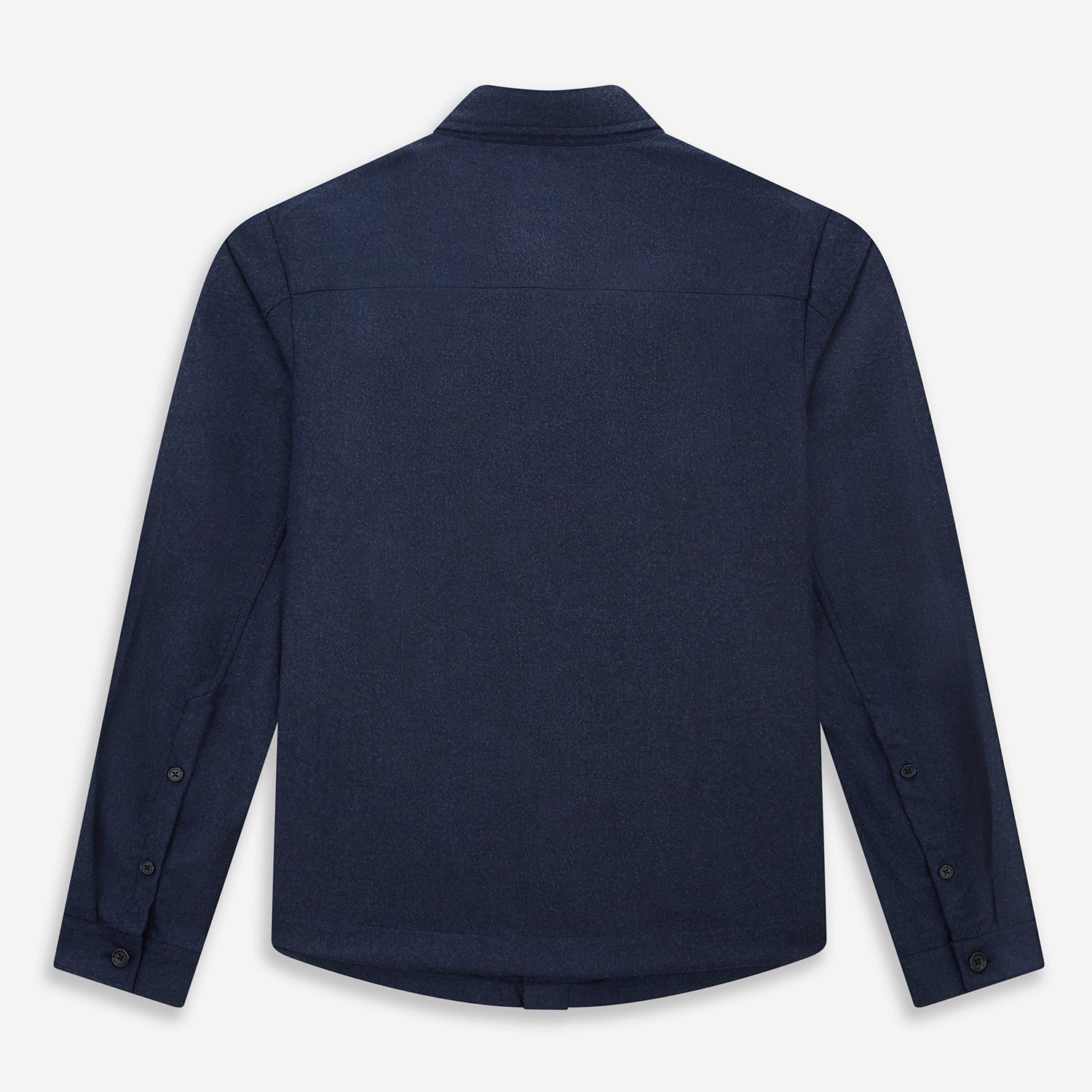 View 3 of product The Turnbull & Asser Mid Blue Highbury Overshirt features long sleeves, a button-up front, collar, and single chest pocket, shown laid flat on a white background.