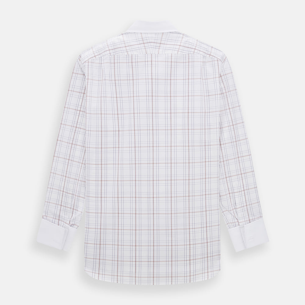 The Turnbull & Asser Purple Multi Plaid Check Shirt features a spread collar, double cuffs, and a fitted silhouette. Its bold plaid pattern and contrast collar add a modern touch to classic British style. Displayed on a plain white background.