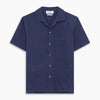 View 1 of product The Navy Silk Holiday Fit Phillips Shirt by Turnbull & Asser features short sleeves, a revere collar, and three front patch pockets, shown laid flat on a white background.