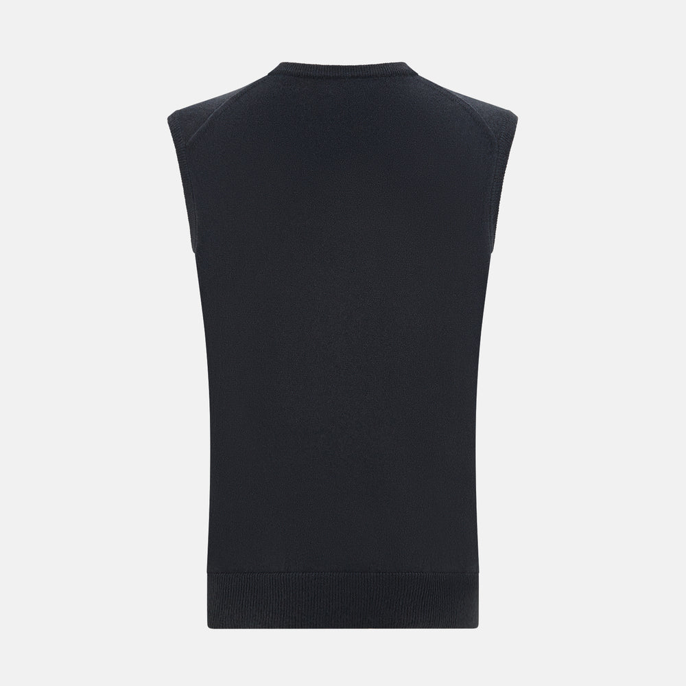 The Turnbull & Asser Dark Green Melange Cashmere V-Neck Vest features a sleeveless design and ribbed hem, offering a refined look, showcased on a plain white background.