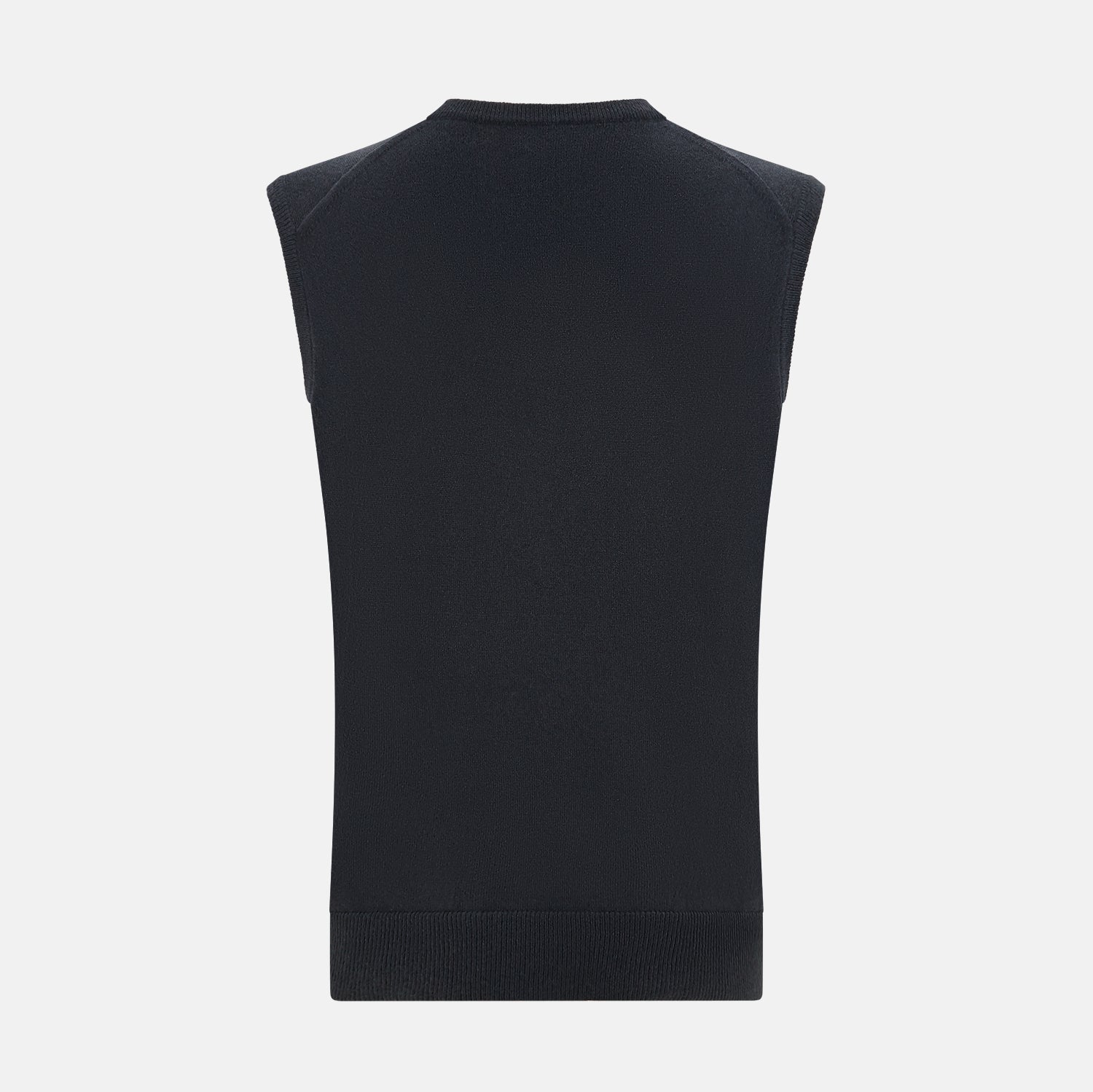 View 3 of product The Turnbull & Asser Dark Green Melange Cashmere V-Neck Vest features a sleeveless design and ribbed hem, offering a refined look, showcased on a plain white background.