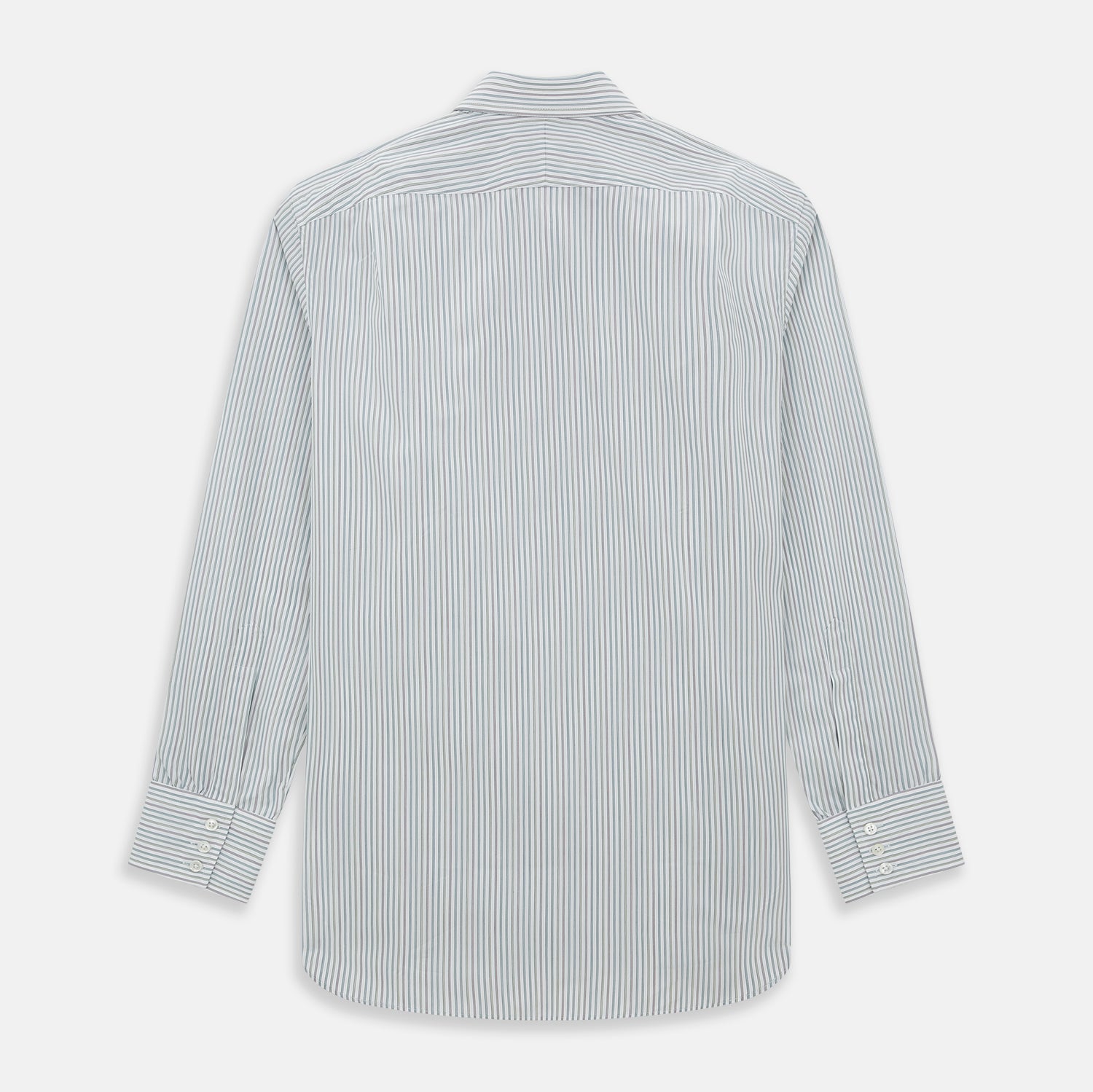 View 3 of product A Forest Green with Multicoloured Music Stripe Mayfair Shirt by Turnbull & Asser, featuring long sleeves, a signature T&A collar, and buttoned cuffs, laid flat on a white background.