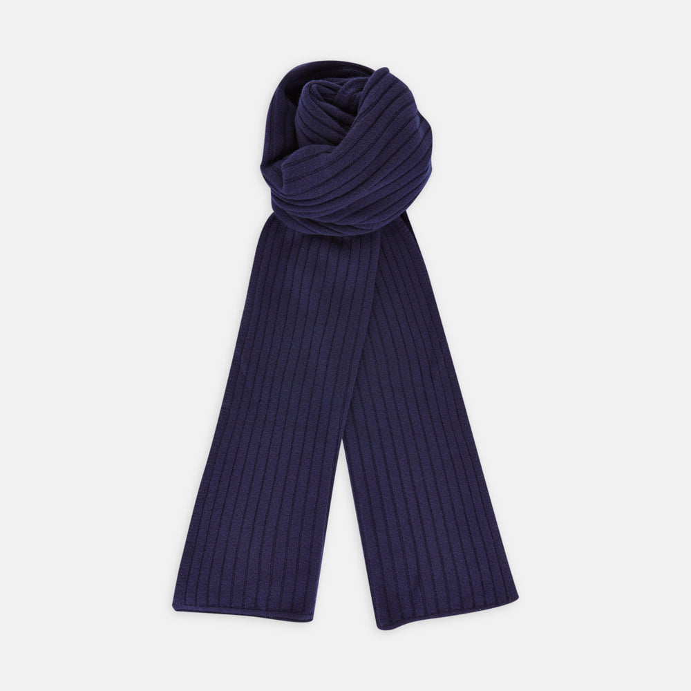 The Turnbull & Asser Navy Wide Rib Cashmere/Wool Scarf is neatly folded with both ends hanging down, set against a plain white background.