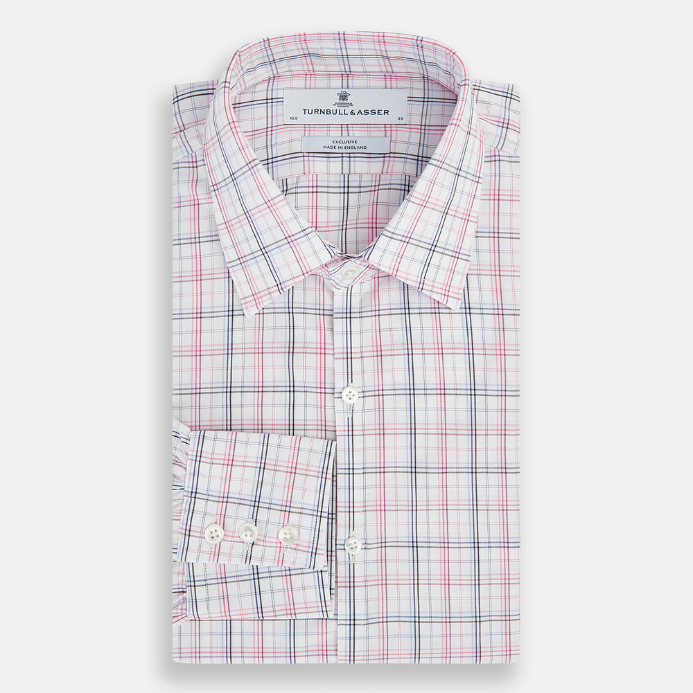The Purple and Blue Multi Check Westminster Shirt by Turnbull & Asser features a refined plaid pattern, long sleeves, and button-up design—displayed flat to showcase hallmark British craftsmanship.
