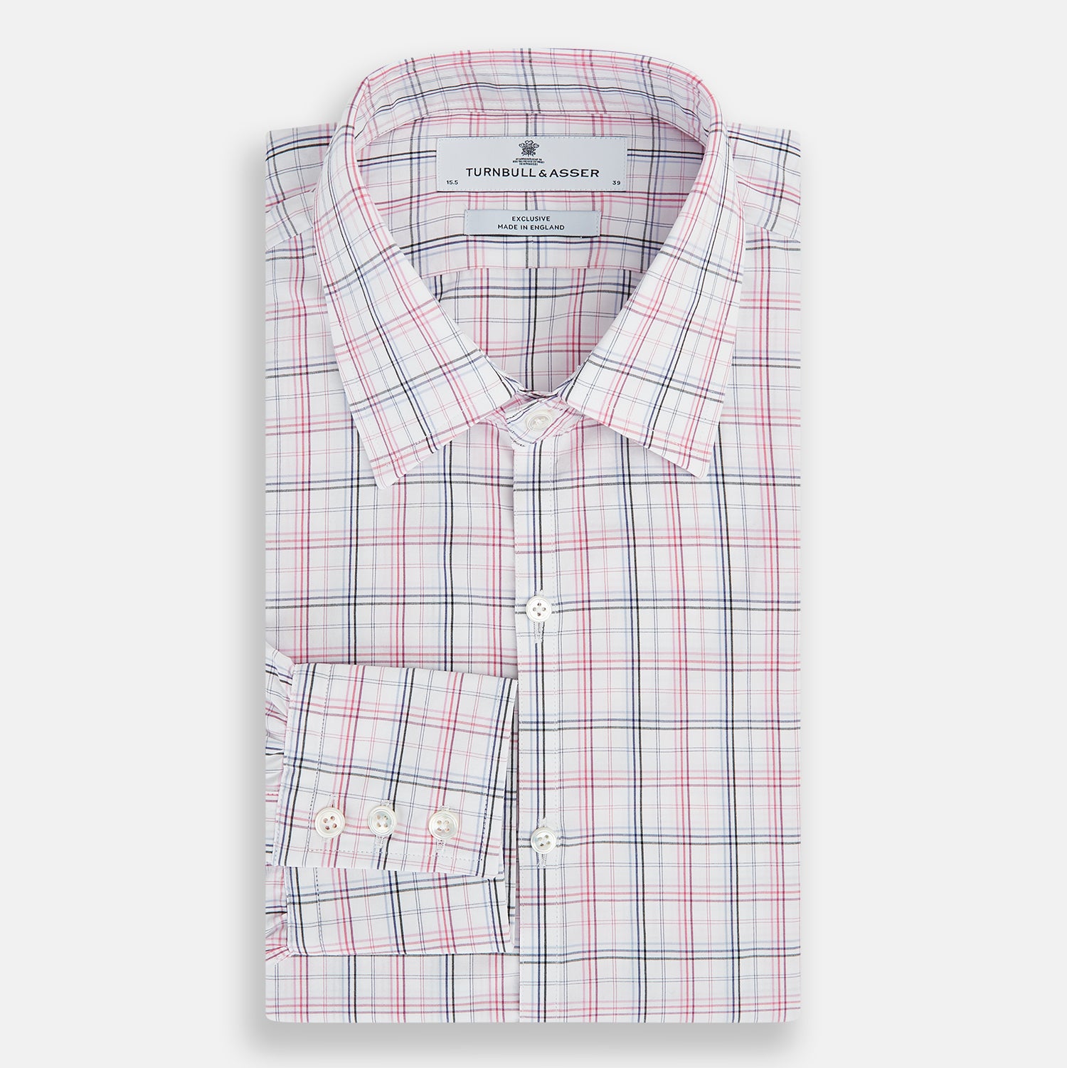 View 5 of product The Purple and Blue Multi Check Westminster Shirt by Turnbull & Asser features a refined plaid pattern, long sleeves, and button-up design—displayed flat to showcase hallmark British craftsmanship.