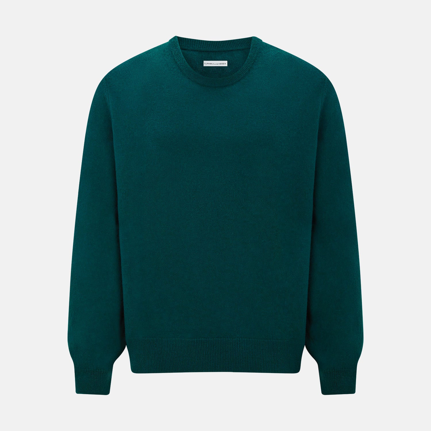 View 1 of product The Turnbull & Asser Moss Green Cashmere Round Neck Jumper, shown on a plain white background, is men's knitwear with long sleeves and a classic design featuring ribbed cuffs, neckline, and hem for timeless style.