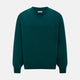 The Turnbull & Asser Moss Green Cashmere Round Neck Jumper, shown on a plain white background, is men's knitwear with long sleeves and a classic design featuring ribbed cuffs, neckline, and hem for timeless style.