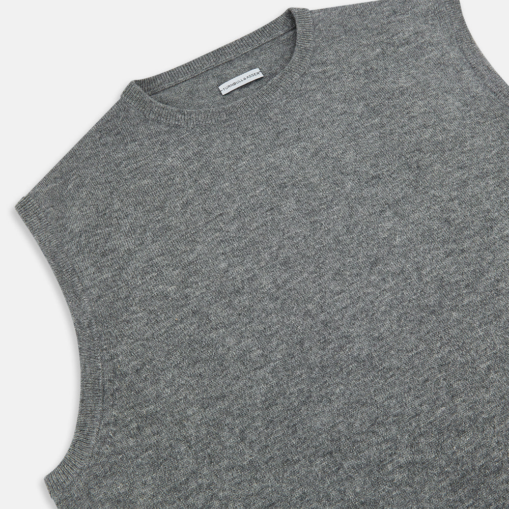 The Turnbull & Asser Ash Grey Cashmere Round Neck Vest is a men's sleeveless knit with a classic crew neckline, shown against a plain white background.