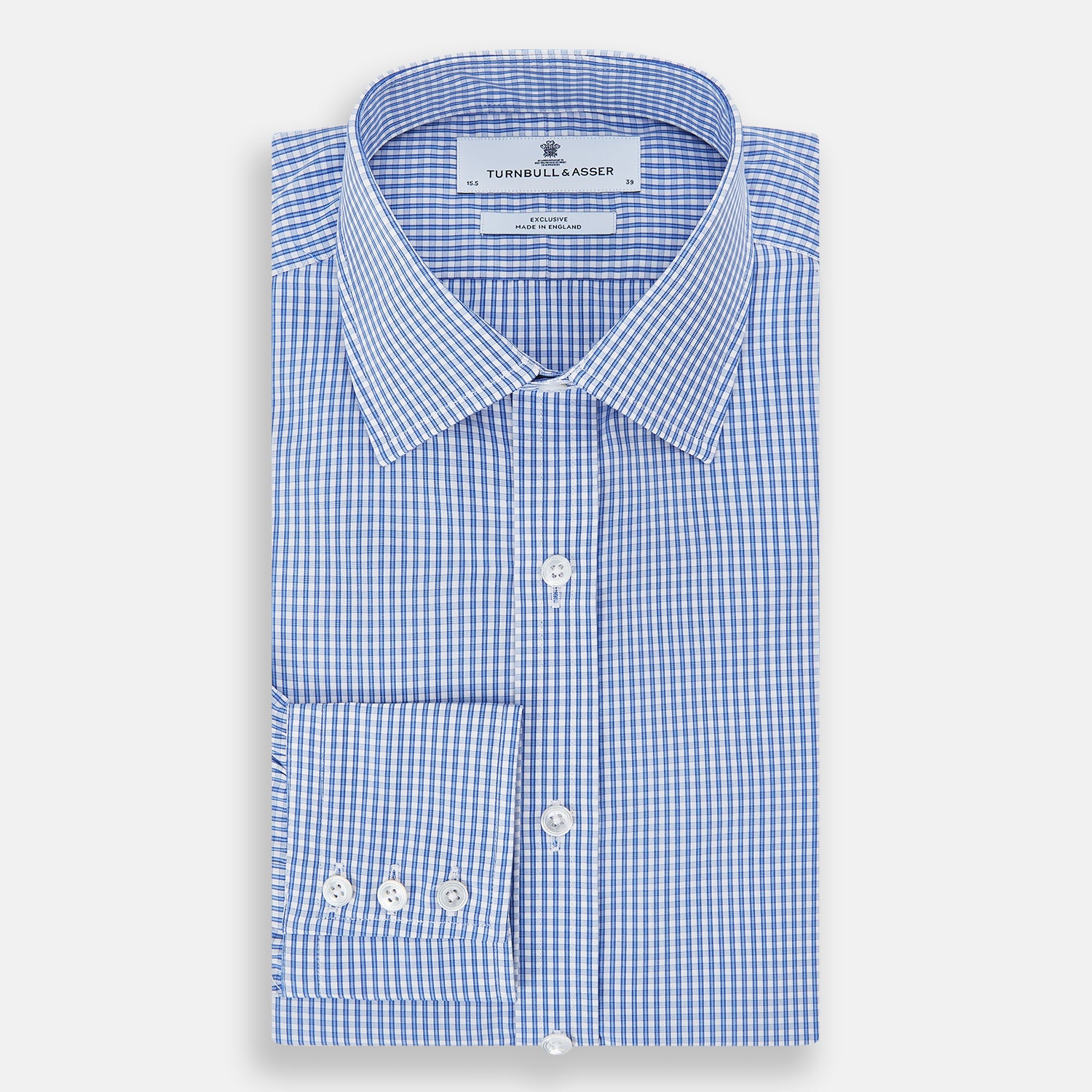 View 5 of product The Turnbull & Asser Blue Multi Micro Check Mayfair Shirt features a classic T&A collar, button-up front, white buttons, cuffed long sleeves, and a refined light blue and white micro check pattern.