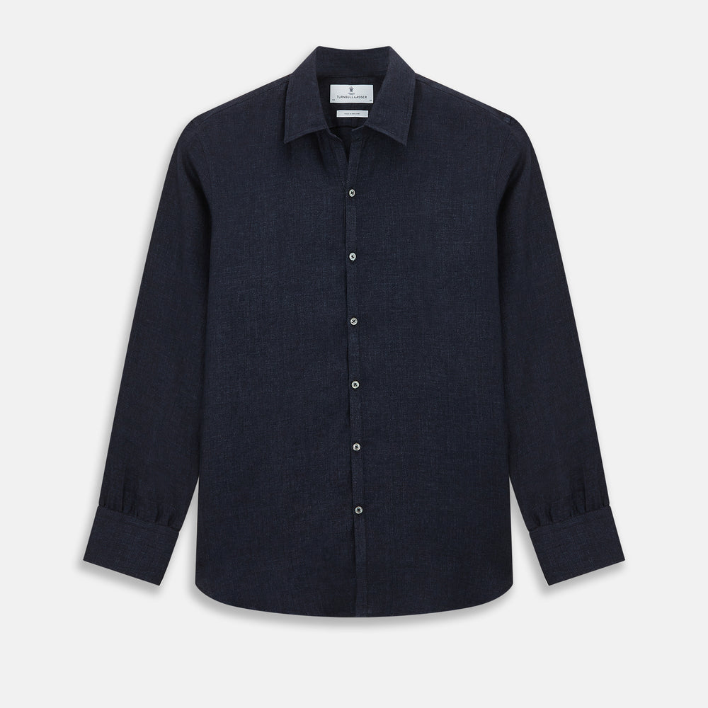 The Navy Linen Windsor Shirt by Turnbull & Asser features long sleeves, white buttons, a Turnbull collar, and buttoned cuffs in dark navy blue linen. Shown laid flat on a white background.