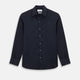 The Navy Linen Windsor Shirt by Turnbull & Asser features long sleeves, white buttons, a Turnbull collar, and buttoned cuffs in dark navy blue linen. Shown laid flat on a white background.