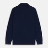 View 4 of product The Turnbull & Asser Navy Cashmere Duncan Knitted Shirt, a button-up with collar, long sleeves, chest pocket, and straight hem, is shown laid flat on a white background.