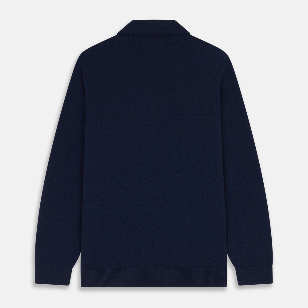 The Turnbull & Asser Navy Cashmere Duncan Knitted Shirt, a button-up with collar, long sleeves, chest pocket, and straight hem, is shown laid flat on a white background.