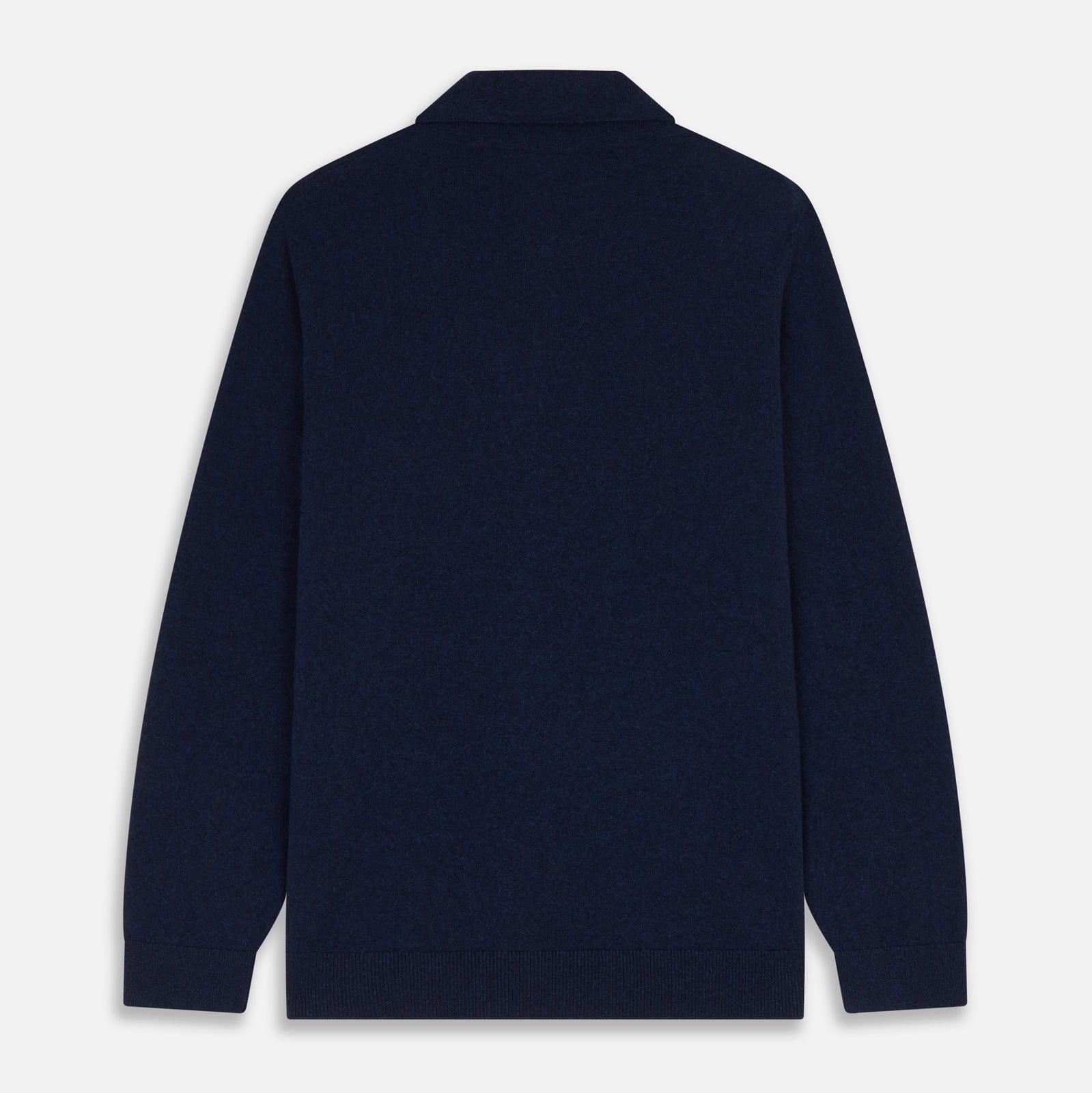 View 4 of product The Turnbull & Asser Navy Cashmere Duncan Knitted Shirt, a button-up with collar, long sleeves, chest pocket, and straight hem, is shown laid flat on a white background.