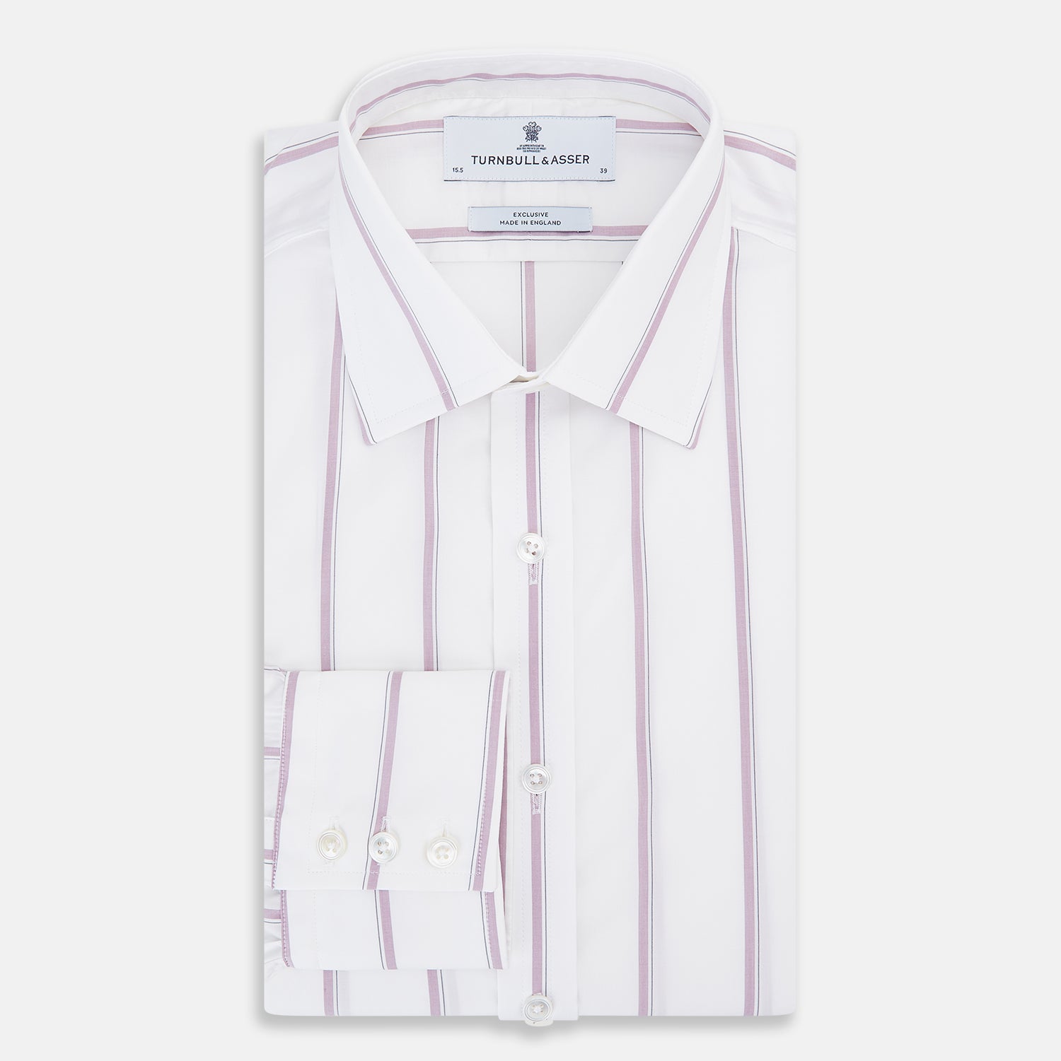 View 5 of product The Turnbull & Asser Antique Pink Track Stripe Mayfair Shirt is a white, long-sleeved Italian cotton shirt with vertical pink stripes, a spread collar, and buttoned cuffs, shown laid flat on a white background.
