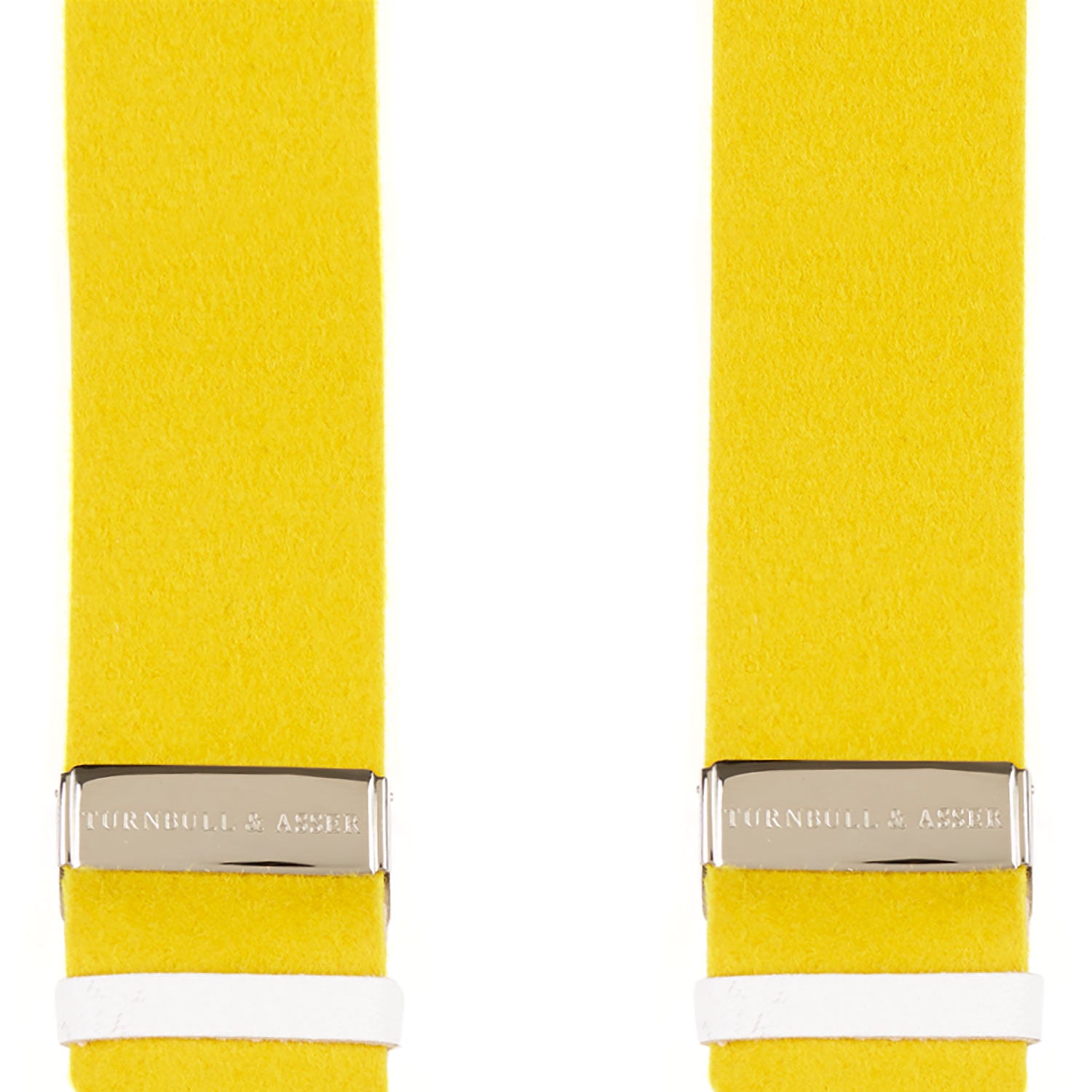 View 2 of product Turnbull & Asser's Golden Adjustable Felt Braces: two bright yellow fabric straps with silver clips and white leather loops, arranged vertically on a plain white background.