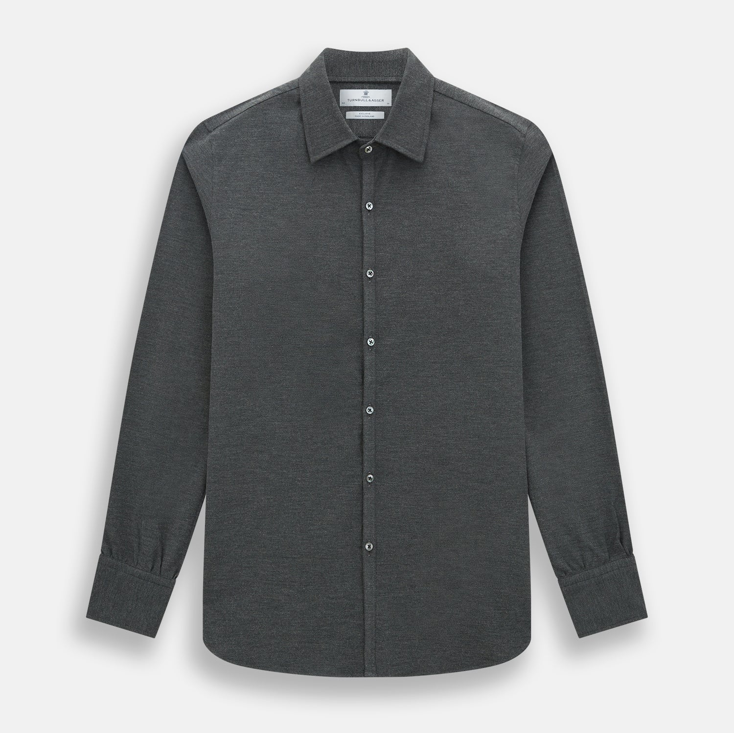 View 1 of product The Charcoal Melange Westminster Shirt by Turnbull & Asser features a long-sleeve, button-up design with a Turnbull collar and buttoned cuffs, offering classic British craftsmanship in a timeless style.